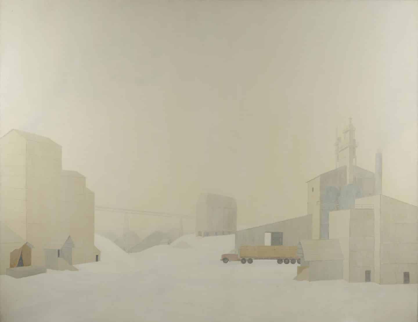 Kim Ondaatje, Domtar with Truck, 1970, acrylic and mixed media on canvas.