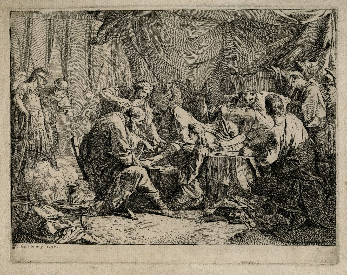Noël Hallé, Antiochus dictant ses dernières volontés, 1738, etching. Agnes Etherington Art Centre, Queen’s University. Purchase, W. McAllister Johnson Fund, 1992, (35-014.02)