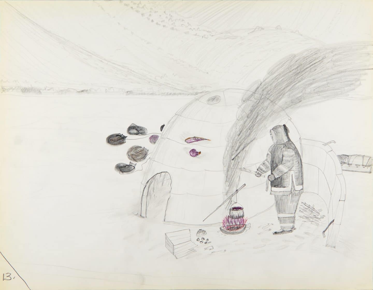 Cornelius (Kooneeloosee) Nutarak (Pond Inlet), Using Blubber to Make Fuel, 1964, graphite, pencil crayon on paper, 50 x 65 cm, Canadian Museum of History, IV-C-6952