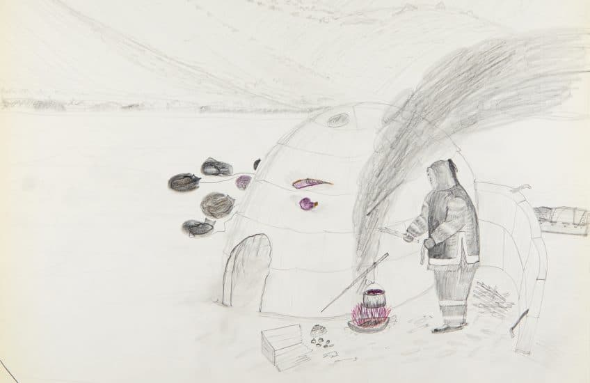 Cornelius (Kooneeloosee) Nutarak (Pond Inlet), Using Blubber to Make Fuel, 1964, graphite, pencil crayon on paper, 50 x 65 cm, Canadian Museum of History, IV-C-6952