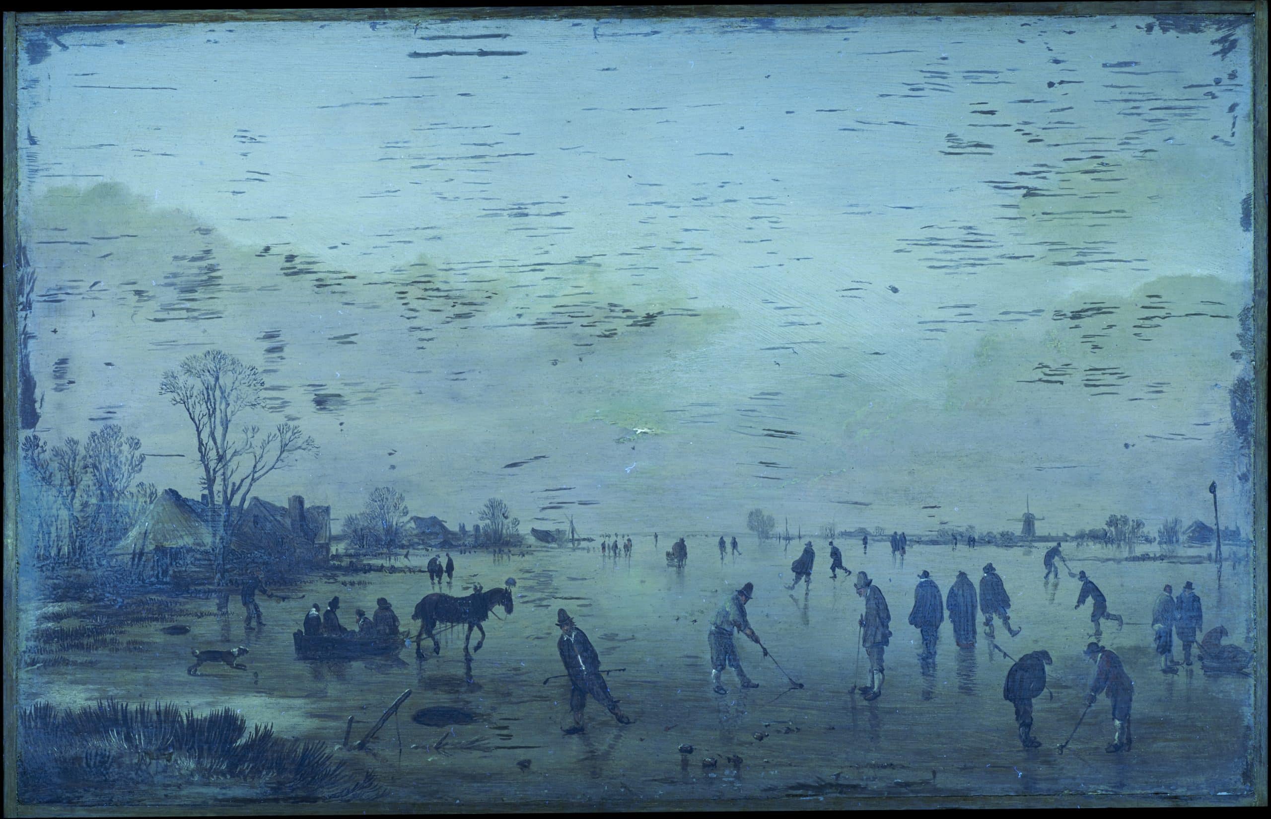 UV illumination of Aert van der Neer’s Untitled, A Frozen Waterway with Villagers Playing Kolf and Skating and a Horsedrawn Sleigh