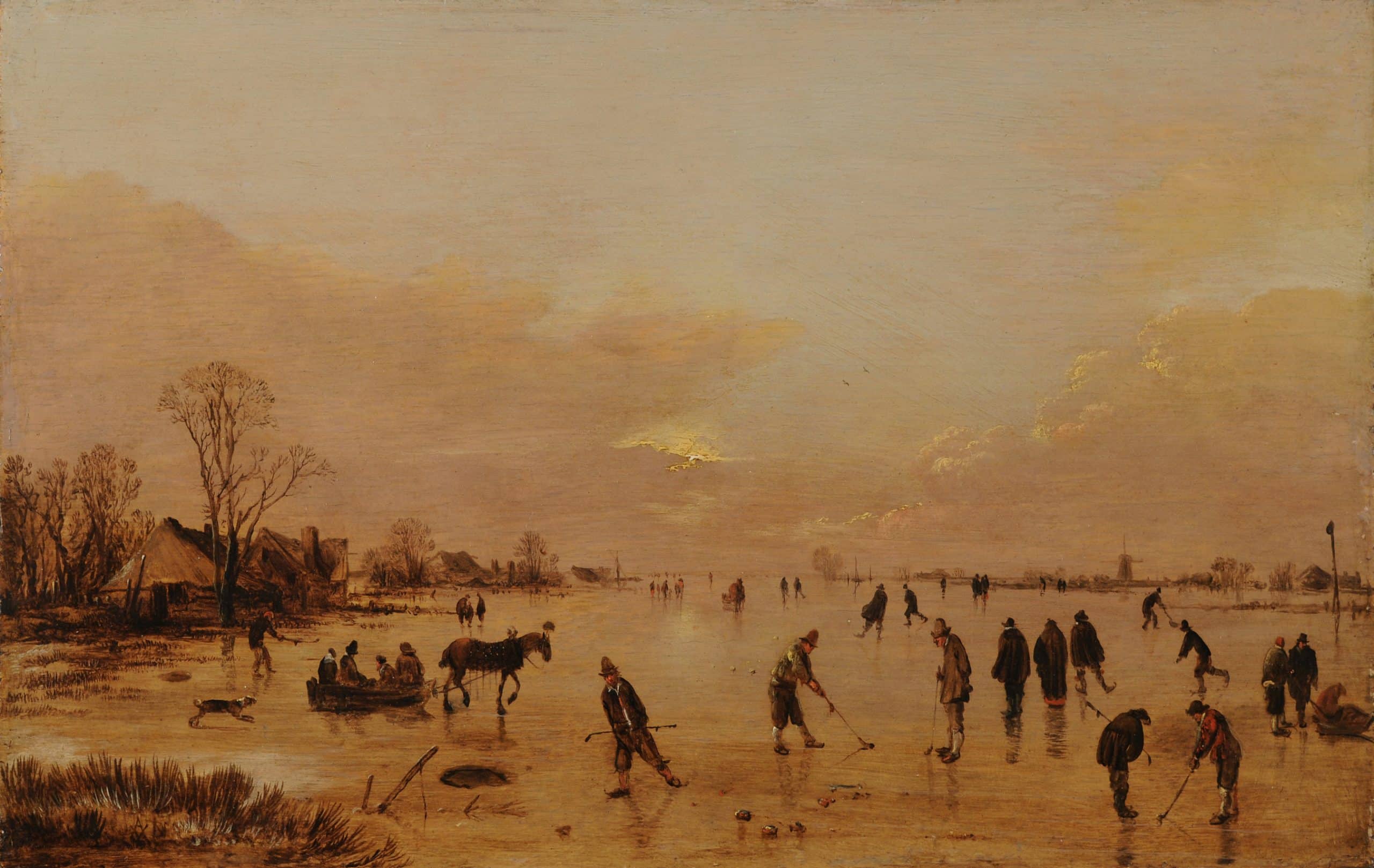 Aert van der Neer, Untitled, A Frozen Waterway with Villagers Playing Kolf and Skating and a Horsedrawn Sleigh, mid-17th century, oil on panel. McMaster Museum of Art, McMaster University. Levy Bequest Purchase, 1993