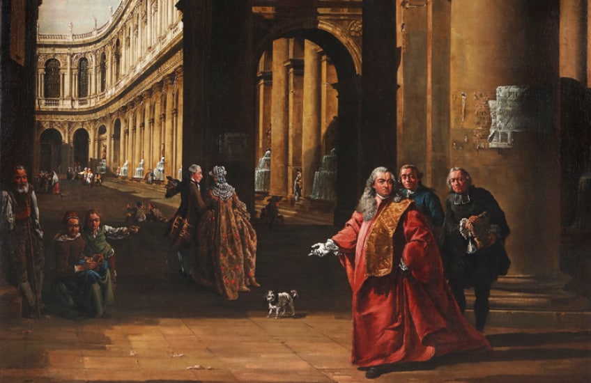 Bernardo Bellotto, Architectural Capriccio with a Self-Portrait in the Costume of a Venetian Nobleman, around 1762-65, oil on canvas. Gift of Alfred and Isabel Bader, 2016 (59-006)
