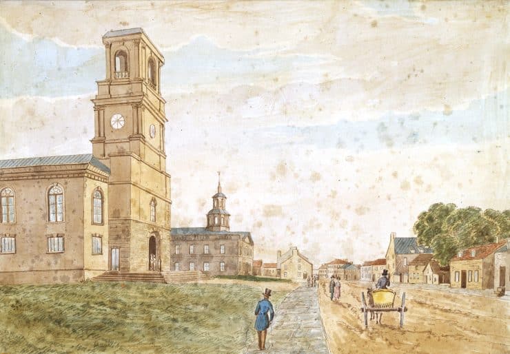 A watercolour painting showing the Northside view of King Street near St. George's Church in 1829.