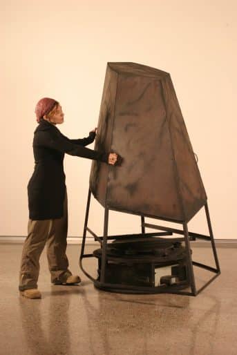 Norman White, The Helpless Robot, 1987–2002, steel, plywood, electronics and custom software. Purchased with the support of the Canada Council for the Arts Acquisition Assistance Program and the Chancellor Richardson Memorial Fund, 2003 (46-003)