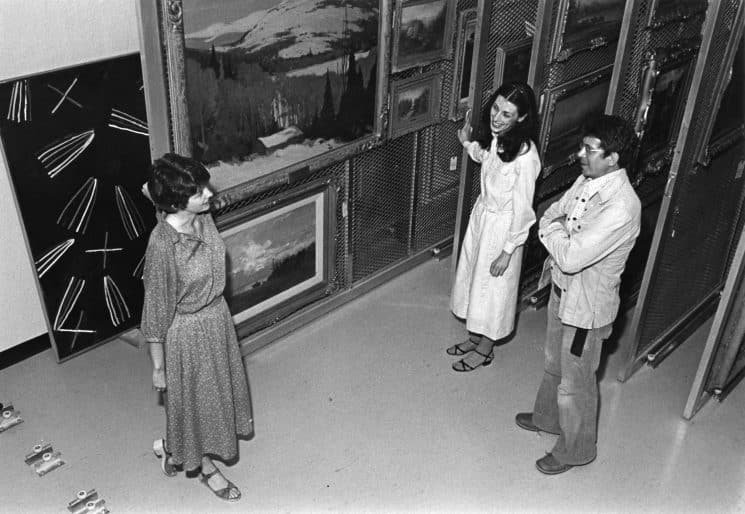 Dorothy Farr, Curator, Louise Dompierre, registrar, and Bill Muysson, Assistant Curator, in the vault, 1982. Photo: David Barbour