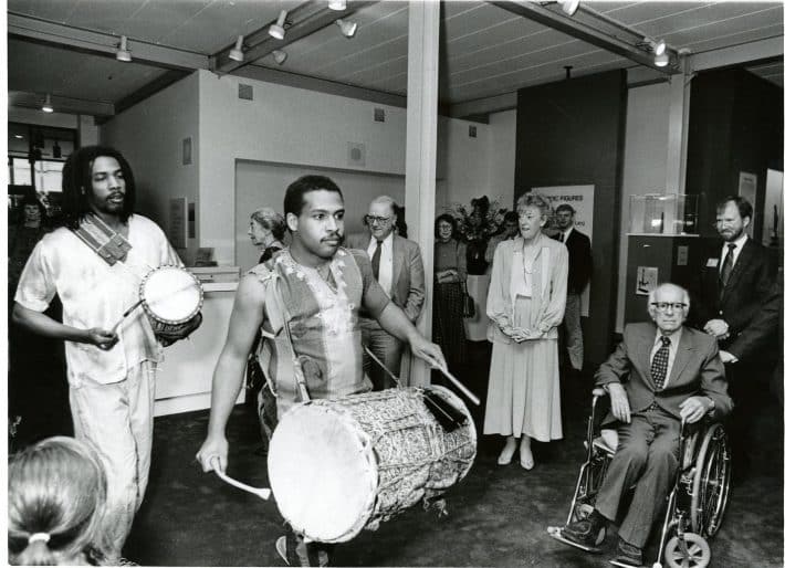 The Quammie Williams Drumming Ensemble performing at the opening of the Justin and Elisabeth Lang Gallery of African Art, with Honourable Flora Macdonald, Justin Lang and Robert Swain, 1988