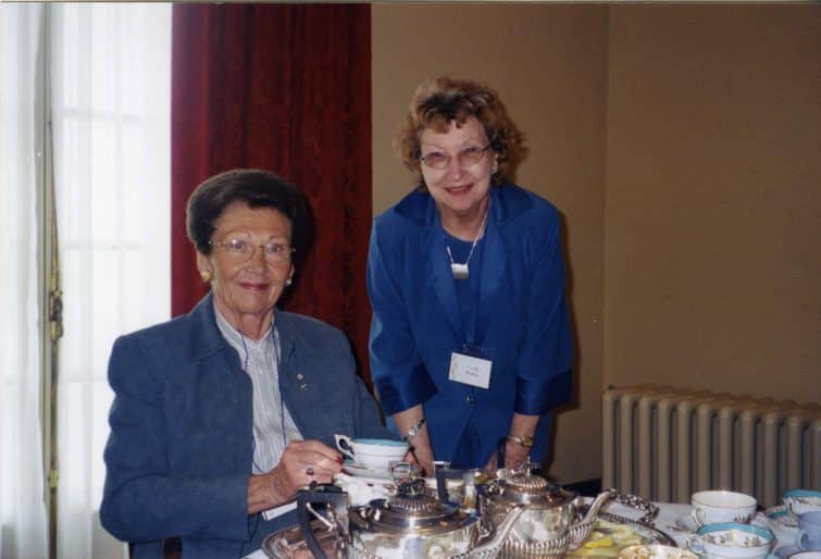 Chancellor Agnes Benidickson and Shirley Purkis, Gallery Association member, in Etherington House, 2000