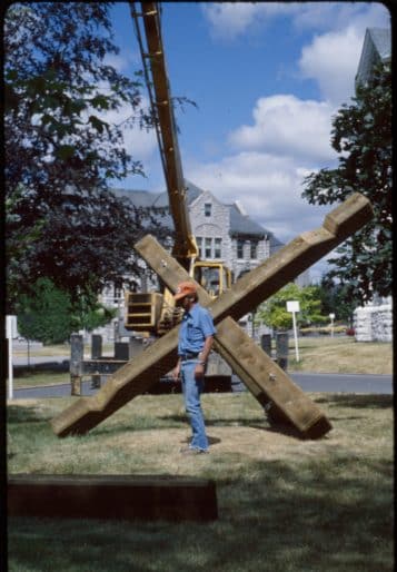 Installation in progress, Gregory Snider, Strongbow (1978), in Sculpture out of Doors, 1978