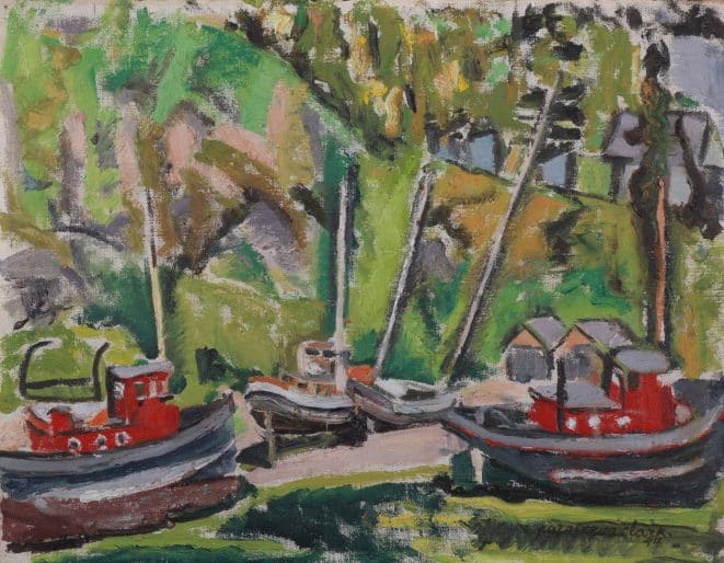 Paraskeva Clark, Sketch for Tadoussac, Boats in Dry Dock, 1944, oil on canvas. Gift from the Douglas M. Duncan Collection, 1970 (13-049). Photo: Bernard Clark