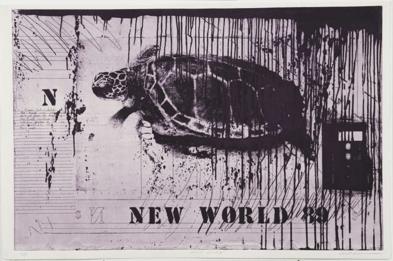 Carl Beam, New World, #1 from Columbus Suite, 1989, etching on paper. Purchase, Chancellor Richardson Memorial Fund, 1990 (33-013.01). Photo: Paul Litherland