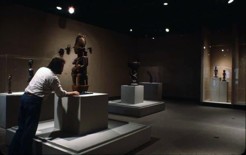 Installation in progress, Visions and Models: African Sculpture from the Justin and Elisabeth Lang Collection, 1985