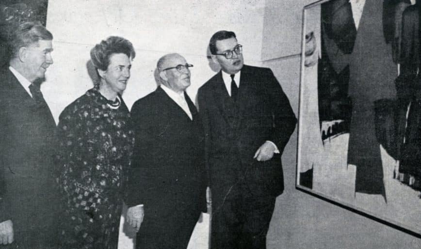Official presentation of the Zacks gift, 1963. James Corry, Principal of Queen’s University, Ayala and Samuel Zacks, and Evan Turner, Director of the Montreal Museum of Fine Arts, with Jock Macdonald’s Clarion Call (1953). Photo: Kingston Whig-Standard, 7 January 1963