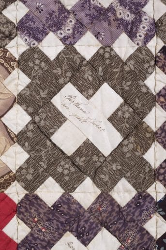 Parthena Sweet and other quilters, Friendship Signature Chimney Sweep, detail, around 1865, cotton, cotton batting and ink. Gift of Helen Sweet, 2011 (Q11-001). Photo: Bernard Clark