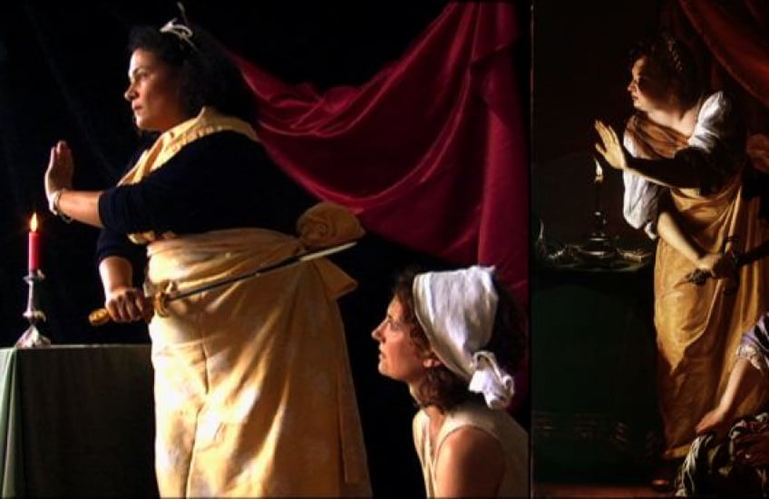 Re-enacting Artemisia Gentileschi's Baroque masterpiece, Judith and Her Maidservant with the Head of Holofernes (1623/25) from the documentary film, "a woman like that" by filmmaker Ellen Weissbrod.