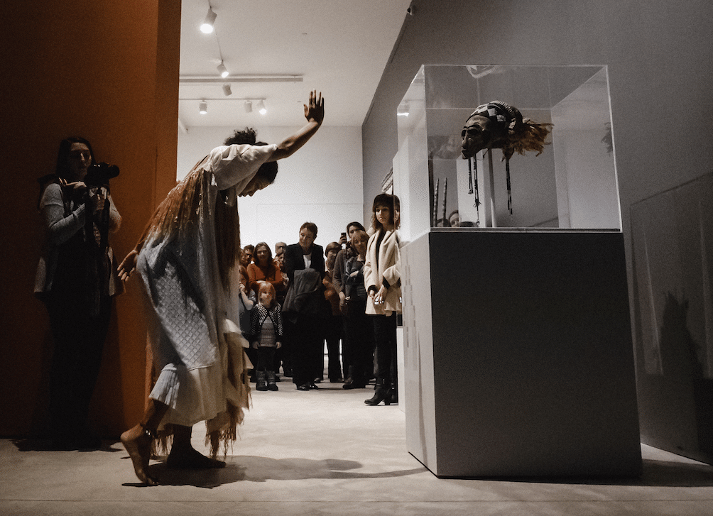 View of Brendan Fernandes: Lost Bodies with Lua Shayenne’s dance performance of “In Touch,” choreographed by Brendan Fernandes at Agnes Etherington Art Centre, 2016.