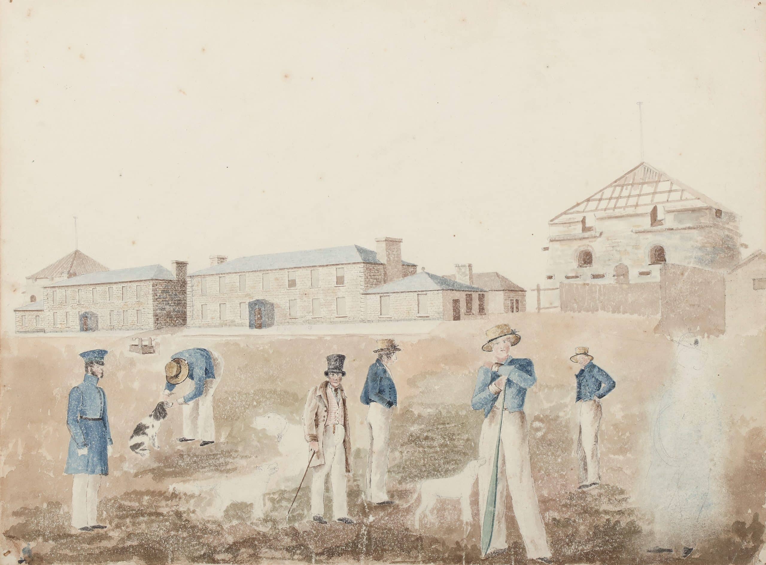 Charles F. Gibson, Untitled (Men with Dogs, outside the Barracks of Fort Henry), around 1832, pencil, pen and ink, and watercolour on paper