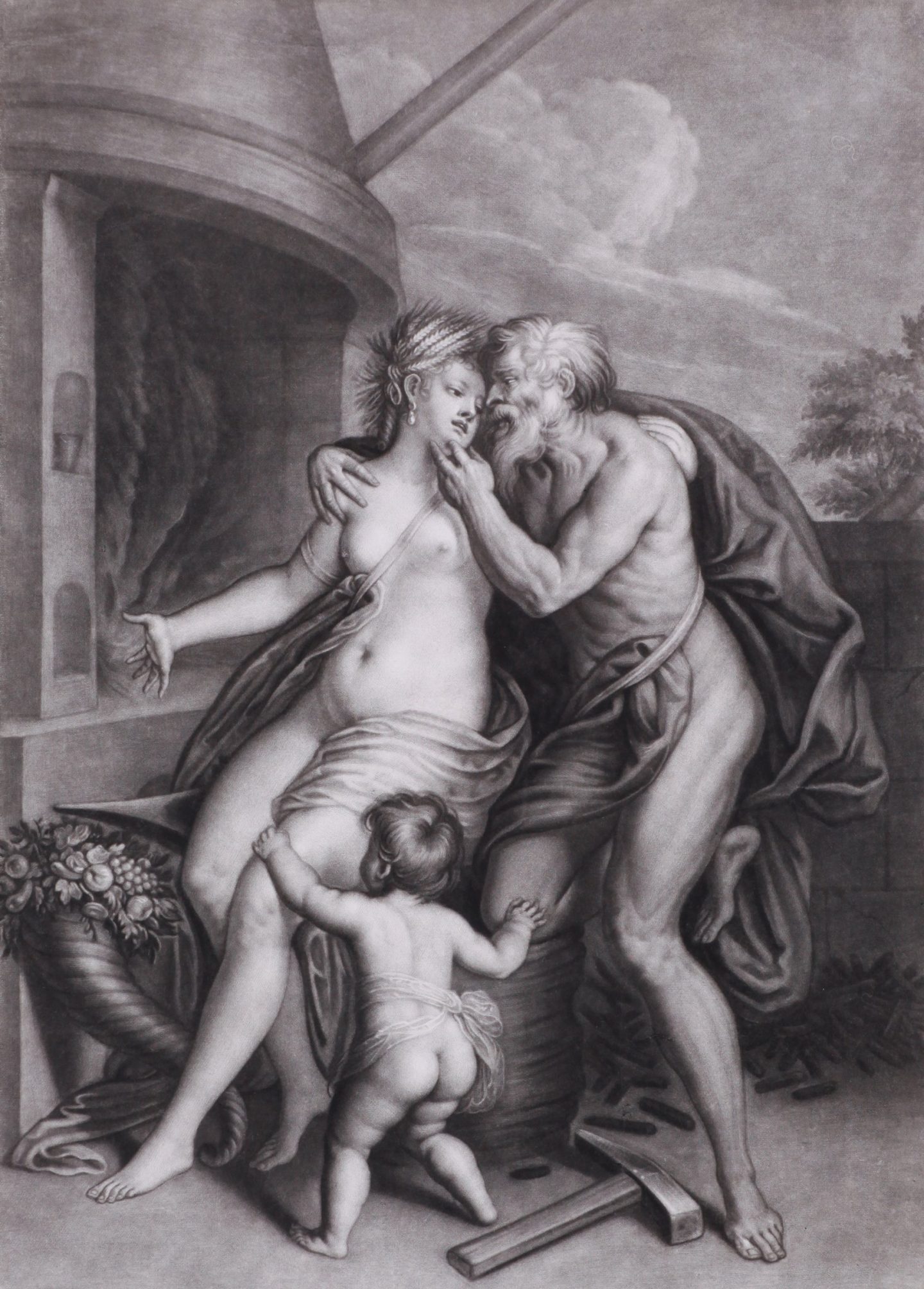 John Smith (after Jacopo Coraglio and Perino del Vaga), Vulcan et Ceres, 1708, mezzotint and engraving. Bequest of Ethel A. Waldron estate, 1968 (11-007)