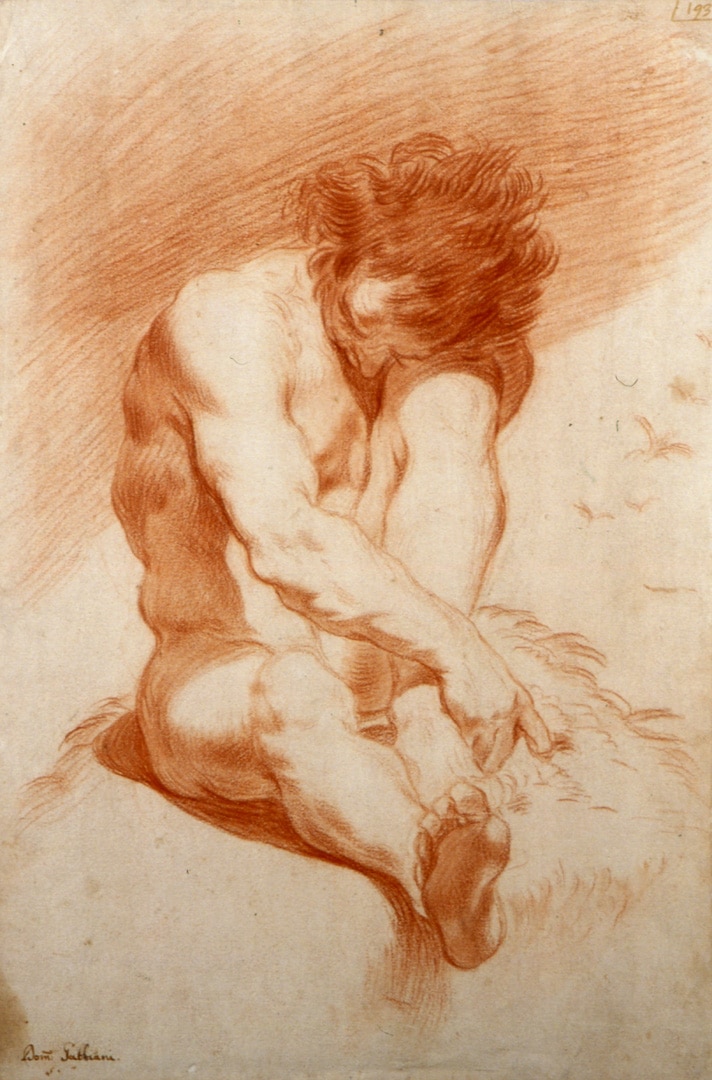 Antonio Domenico Gabbiani, A Seated Male Nude Resting his Head on his Knee, after 1694, red chalk on buff paper. Gift of Sidney Bregman, 2002 (45-058)