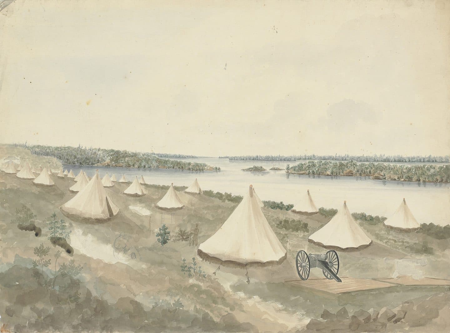 Charles Frederick Gibson, The Royal Artillery Encampment at Kingston, around 1832, pencil and watercolour on paper. Purchase, Chancellor Richardson Memorial Fund, Donald Murray Shepherd Fund, Susan M. Bazely, John Grenville, Brian S. Osborne and Joan M. Schwartz, 2016 (59-014.02)