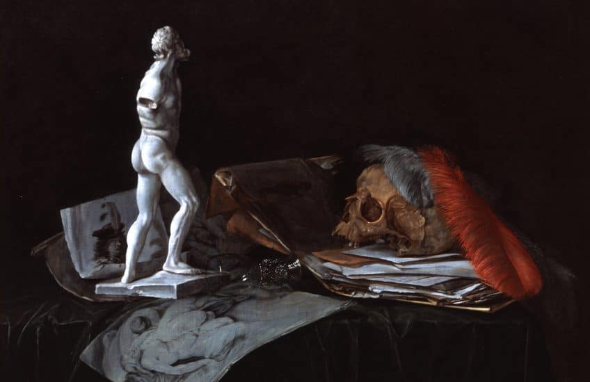 Abraham Susenier, Vanitas Still Life with a Portrait of Rembrandt, a Sculpture, a Skull, Feathers, an Overturned Roemer and a Portfolio of Drawings, around 1669/1672, oil on canvas. Gift of Alfred and Isabel Bader, 2014 (57-001.32). Photo: Bernard Clark