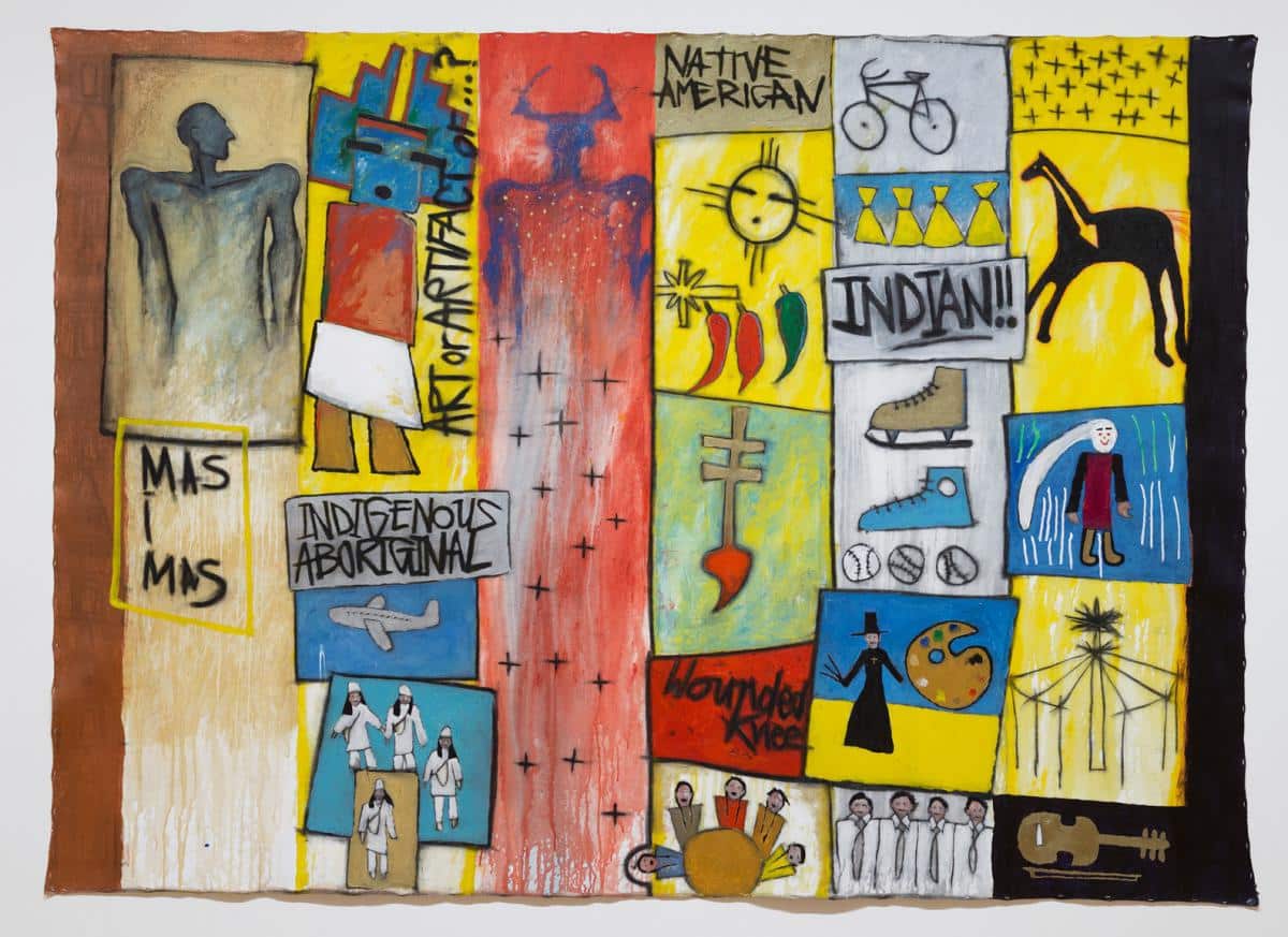 Gerald McMaster, niya nêhiyaw, 1993,acrylic and graphite on unstretched canvas.Agnes Etherington Art Centre. Purchase,Chancellor Richardson Memorial Fund (38-039)
