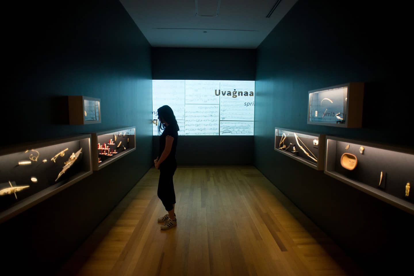Heidi Senungetuk’s Qutaaŋuaqtuit: Dripping Music with thirty-three cultural belongings displayed with playful dramatic flare at Agnes Etherington Art Centre as part of Soundings: An Exhibition in Five Parts.