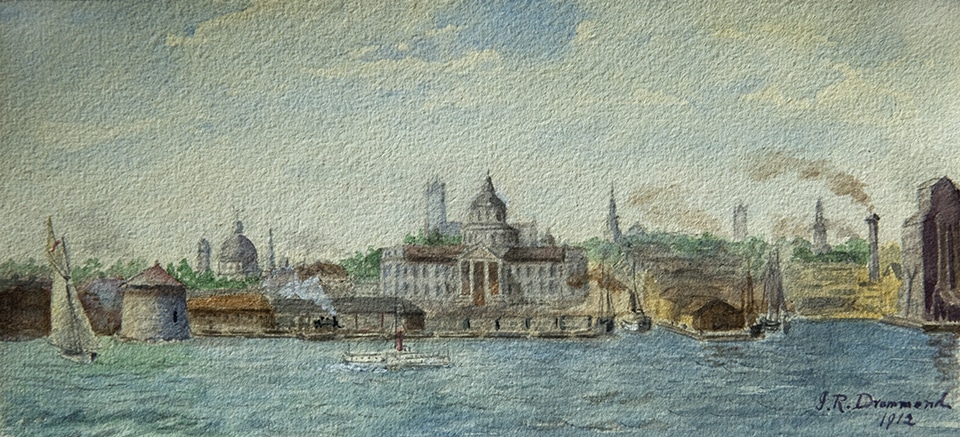 Jane Redpath Drummond, View of Kingston's City Hall, 1912, watercolour on paper. Agnes Etherington Art Centre, Queen's University. Gift of Miss Mary E. Medd, 1981 (24-006) Photo: John McQuarrie