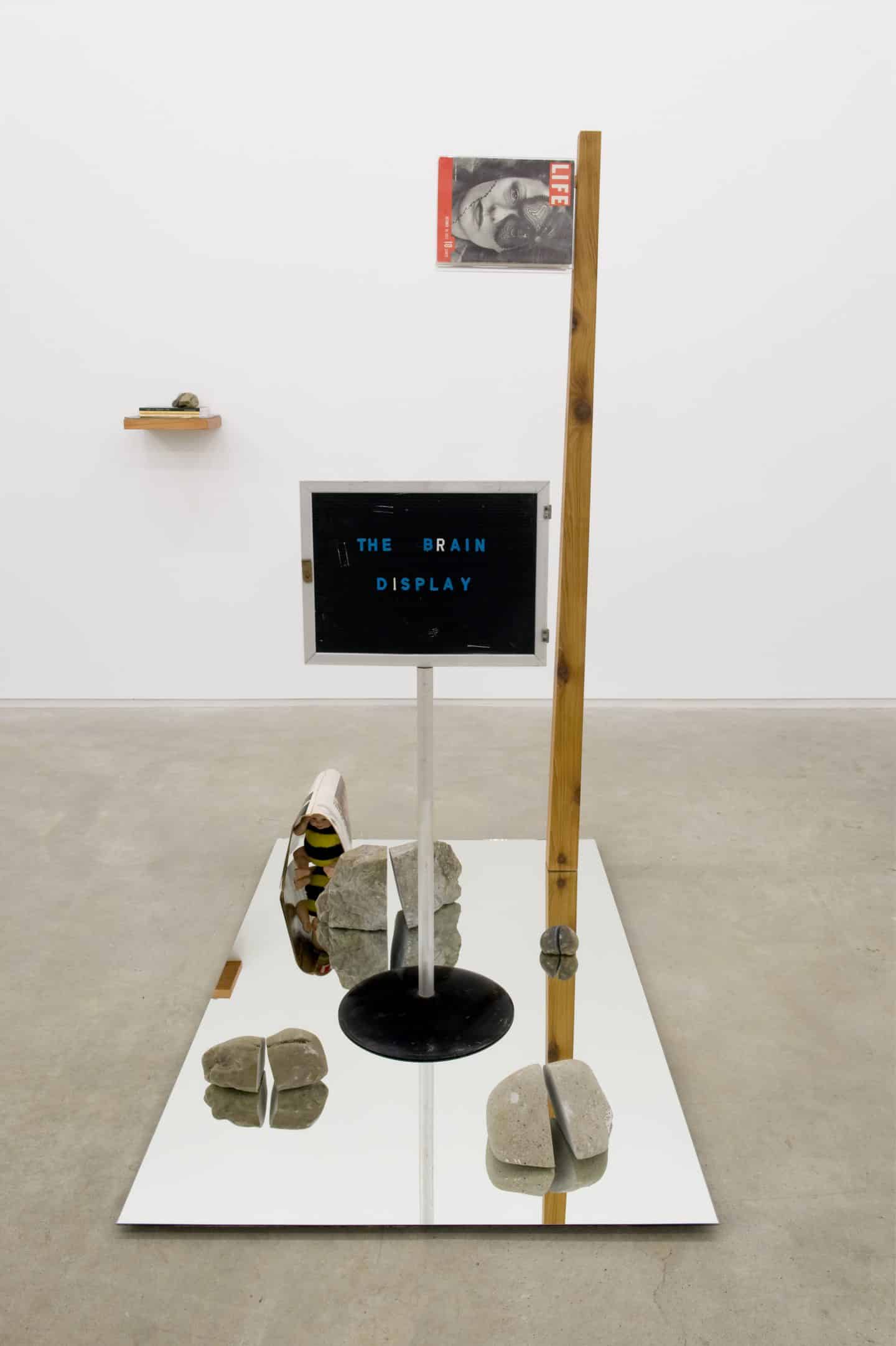 Judy Radul, The Brain Display, 2010, mirror, wood, 5 stones, plastic book holder, Life magazine, doll and YouTube video. Purchase, Canada Council Acquisition Assistance and the Donald Murray Shepherd Fund, 2013 (56-007)