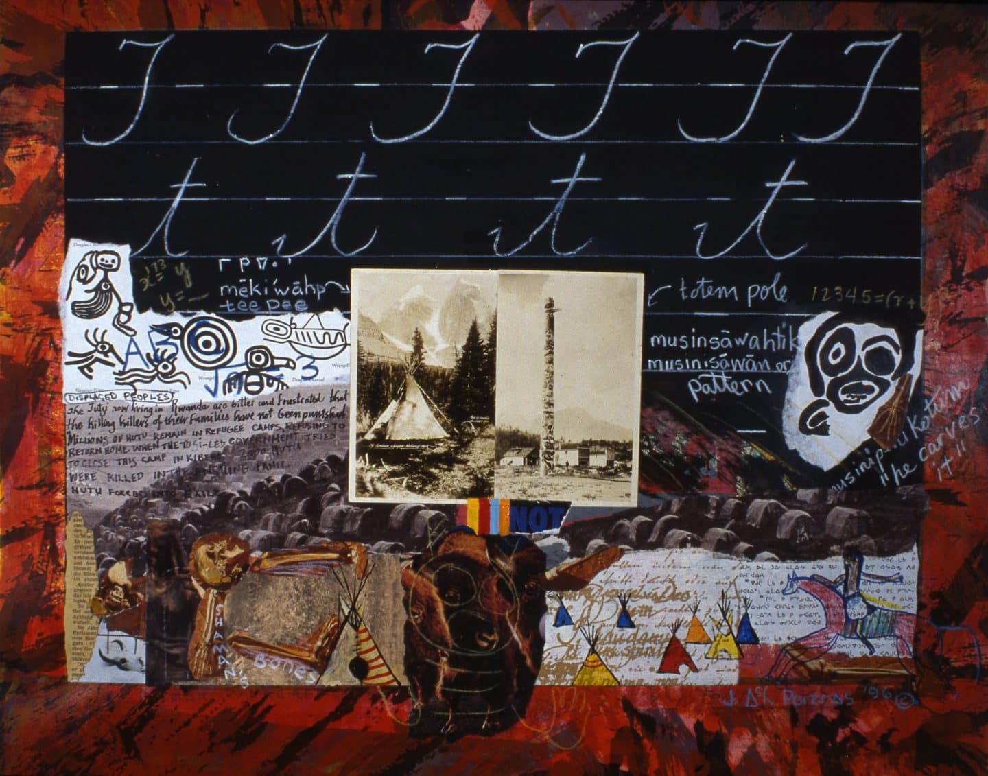 Jane Ash Poitras, T is for Totem Poles, Teepee, 1996, mixed media collage on paper. Purchase, Chancellor Richardson Memorial Fund with the support of the Canada Council's Acquisition Assistance Program, 1997 (39-017)