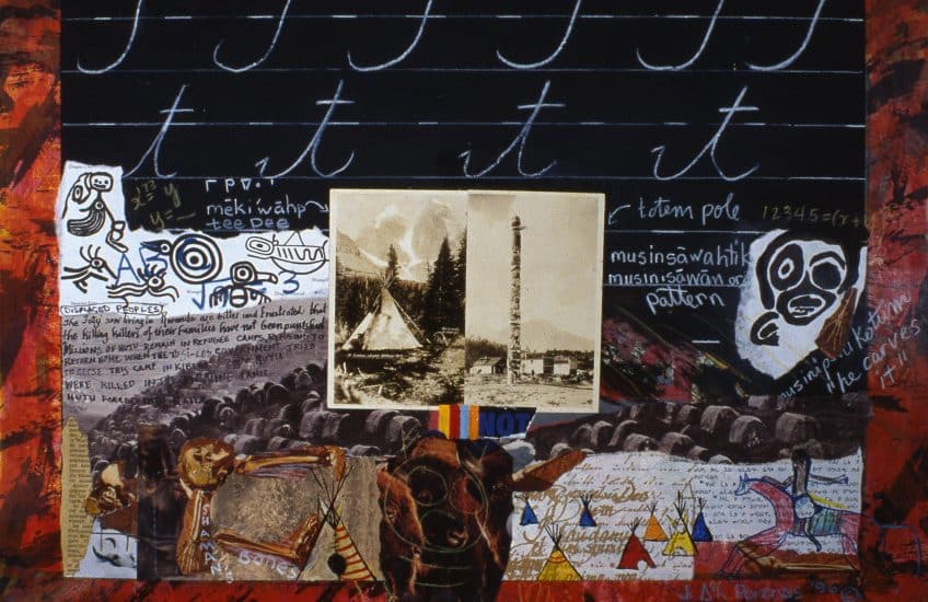 Jane Ash Poitras, T is for Totem Poles, Teepee, 1996, mixed media collage on paper. Purchase, Chancellor Richardson Memorial Fund with the support of the Canada Council's Acquisition Assistance Program, 1997 (39-017)