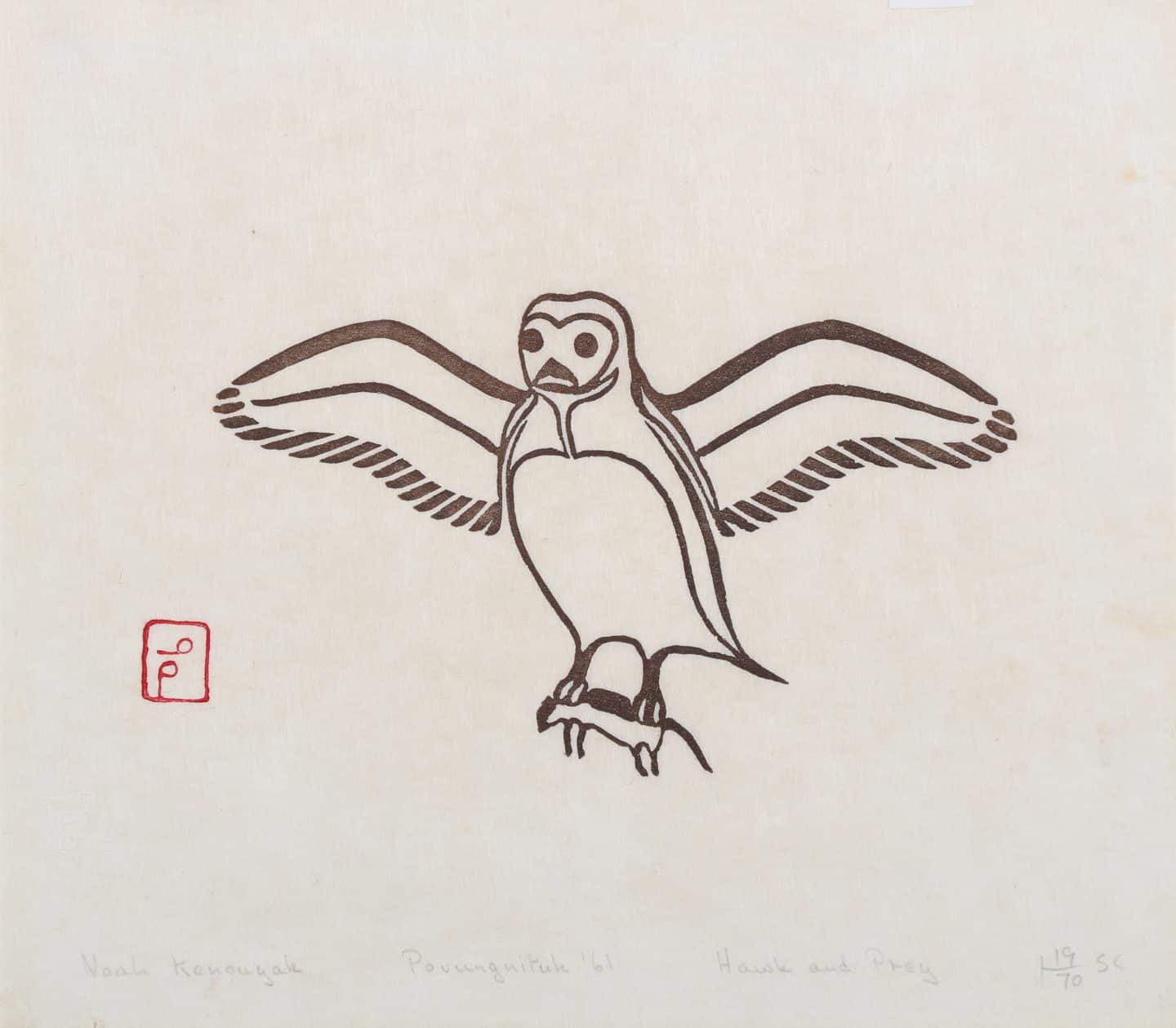 Noah Quinuayark, Hawk(e)/ Hawk and Prey, 1961, stonecut on paper. Gift of Margaret McGowan Arts'78, 2017 (60-003.01) Photo: Bernard Clark