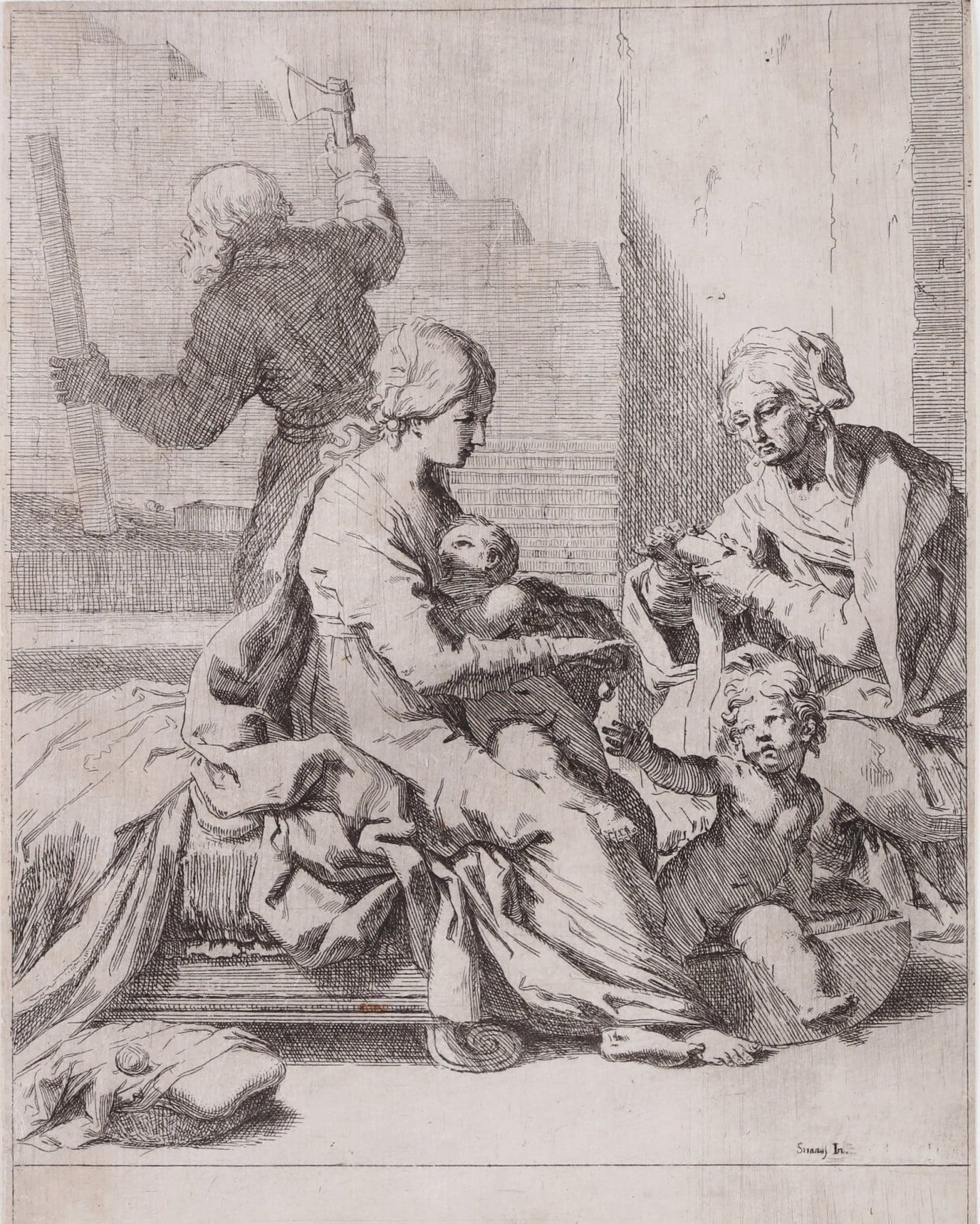 A black-and-white print of Mary seated with St Elizabeth, she breastfeeds her son Jesus, while she hands a bobble to St John the Baptist and Joseph works behind them.