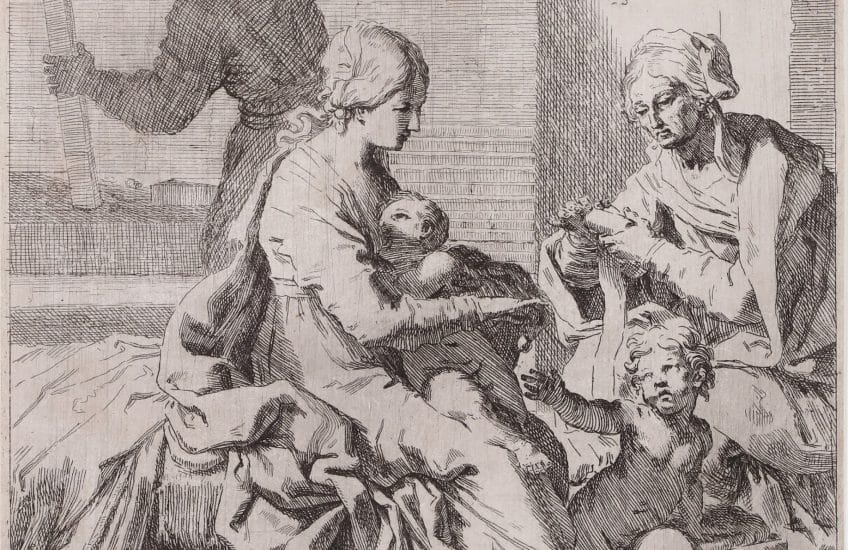 A black-and-white print of Mary seated with St Elizabeth, she breastfeeds her son Jesus, while she hands a bobble to St John the Baptist and Joseph works behind them.