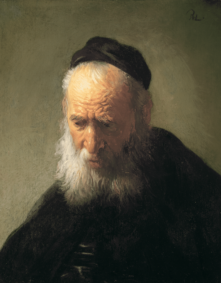 Bust of an elderly bearded man dressed in black with a black cap on his head looking downward.