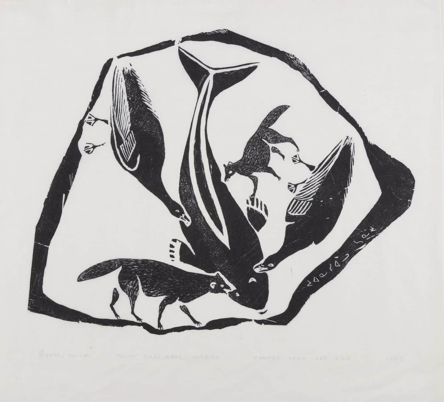Juanisialu Irqumia, Fox and Seagulls Eating a White Whale/Beached White Whale is Rotted and the Foxes and Crows are Eating It, 1965, stonecut on paper, 29/30. Gift of Margaret McGowan, Arts ’78, 2017 (60-003.13)