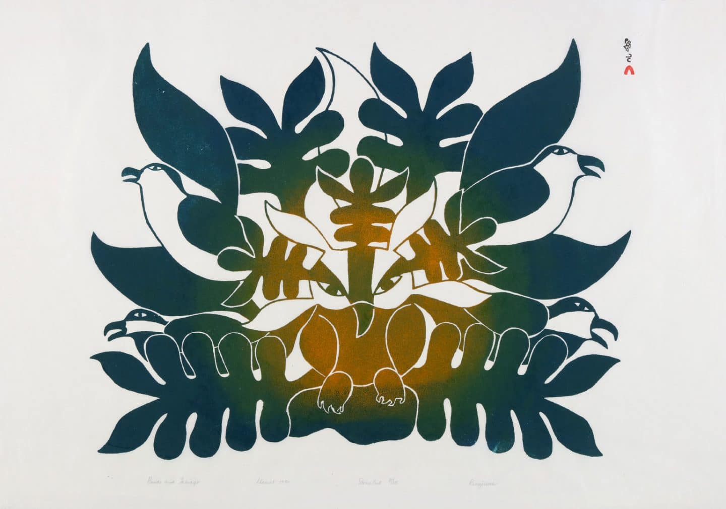 Kenojuak Ashevak, Birds and Foliage, 1970, stonecut on paper, printed by Lukta Qiatsuk, on view in Face of the Sky. Gift of Mary Robertson, 1985 (28-123).