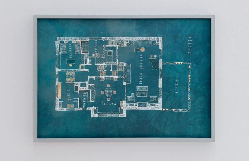 Shannon Bool, Villa Muller Sampler, 2019, silkscreen, cotton embroidery on hand dyed silk. Collection of the artist, courtesy of the Daniel Faria Gallery, Toronto, and Gallery Kadel Willborn, Düsseldorf