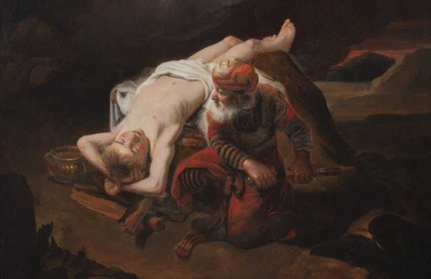 A landscape with a boy laid down on a rock next to an older man kneeling and reaching for a knife, above them an angel.