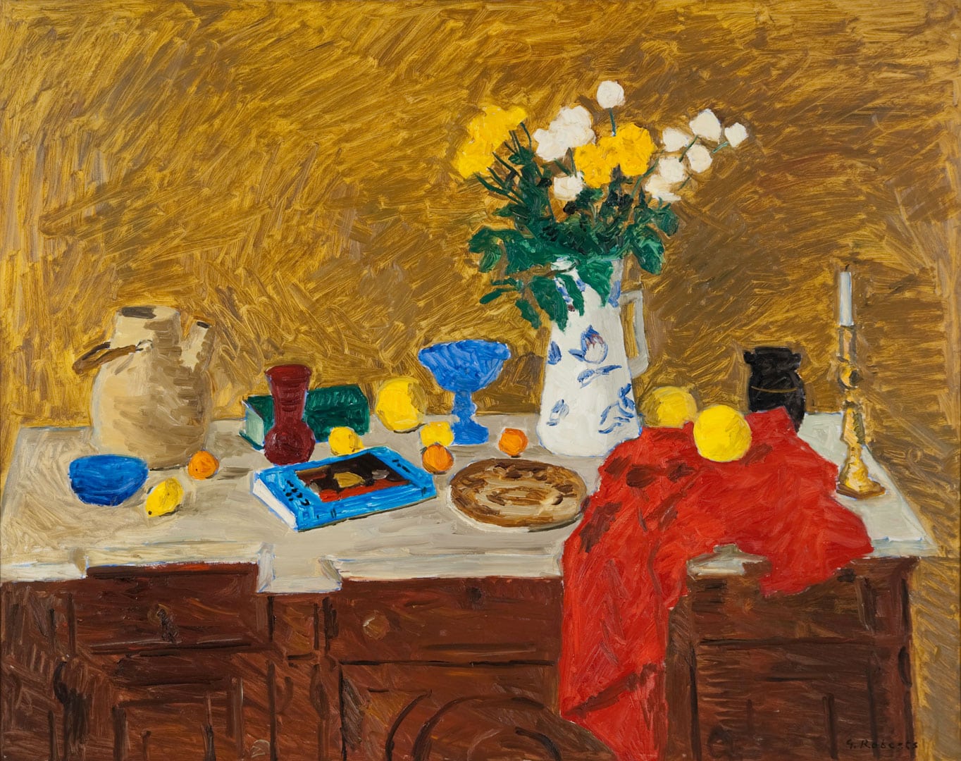 Goodridge Roberts, Still Life on Sideboard with Yellow and White Flowers, 1961, oil on panel. Purchase, Chancellor Richardson Memorial Fund, Wintario matching funds, the Walter and Duncan Gordon Charitable Foundation, Dr Albert Fell, and the Gallery Association, in memory of Dr Ken Gunn, 1987 (30-107)