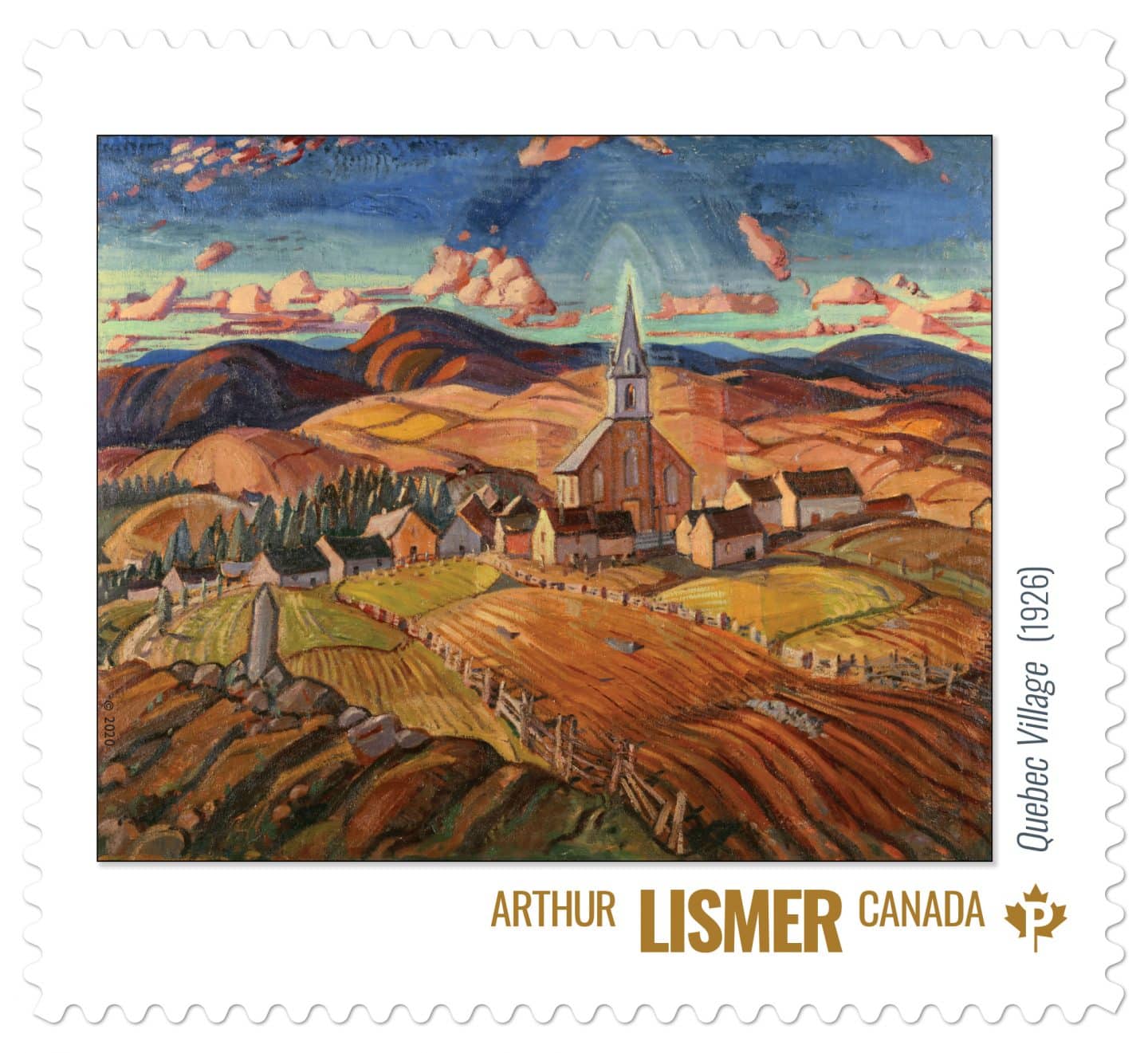 Canada Post Stamp of Arthur Lismer, “Quebec Village (Saint-Hilarion),” 1926, oil on canvas. Gift of H. S. Southam, 1949 (00-094)