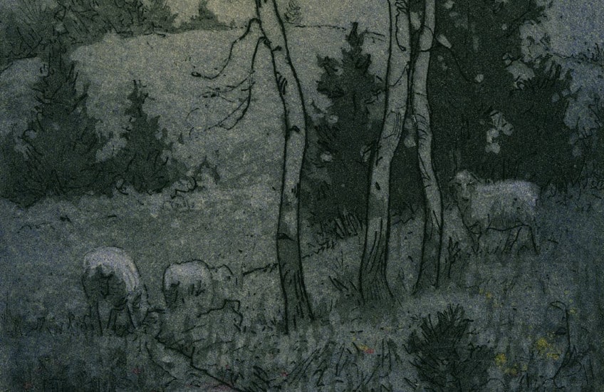 Frederick S. Haines, Sheep in a Moonlit Landscape, undated, etching on paper. Gift of Gordon Conn, 1964 (20-073.16)