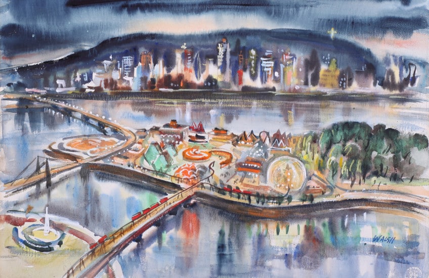 John Stanley Walsh, Expo ‘67 at Night (detail), 1967, watercolour on paper, from the exhibition Nocturne. Gift of Rita Maloney, 2011 (54-018). Photo: Bernard Clark