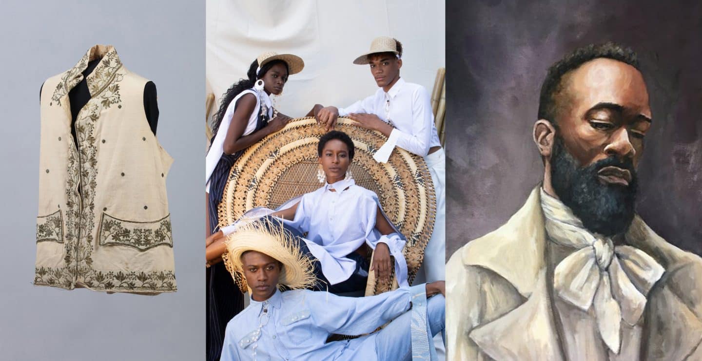 (from left to right) Waistcoat, around 1792–1820, satin, cotton and gold thread; INTRO X DJ, Songs of the Gullah Campaign Image, 2020. Courtesy of the artist; Gordon Shadrach, Written in Stone, 2017, acrylic on wood. Courtesy of the artist