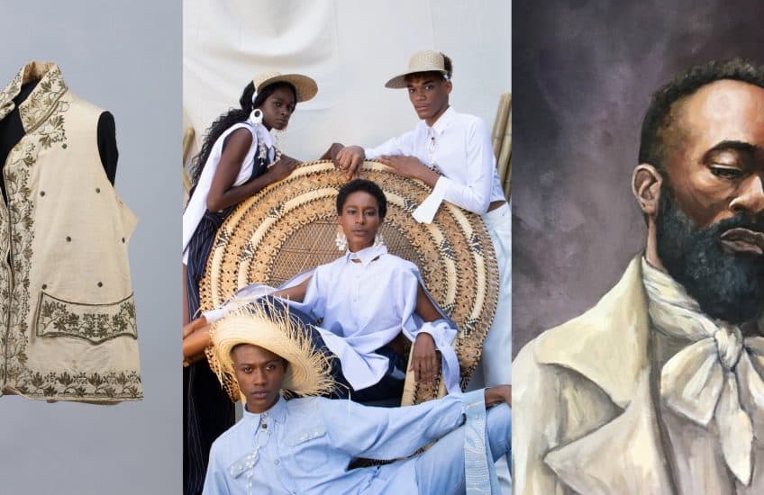 (from left to right) Waistcoat, around 1792–1820, satin, cotton and gold thread; INTRO X DJ, Songs of the Gullah Campaign Image, 2020. Courtesy of the artist; Gordon Shadrach, Written in Stone, 2017, acrylic on wood. Courtesy of the artist