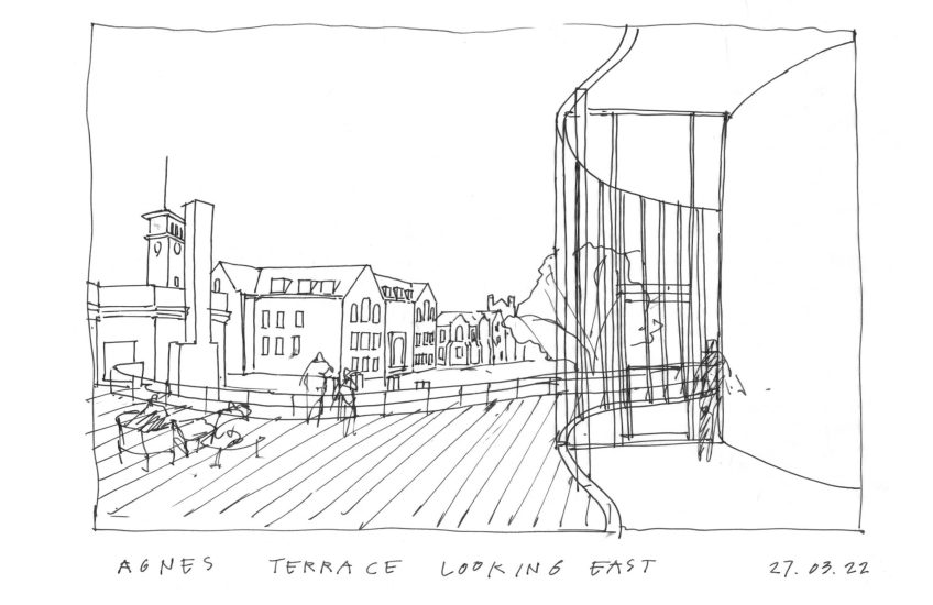 Bruce Kuwabara, Sketch for Agnes Reimagined, Agnes Terrace Looking East, 27 March 2022. Courtesy of KPMB Architects