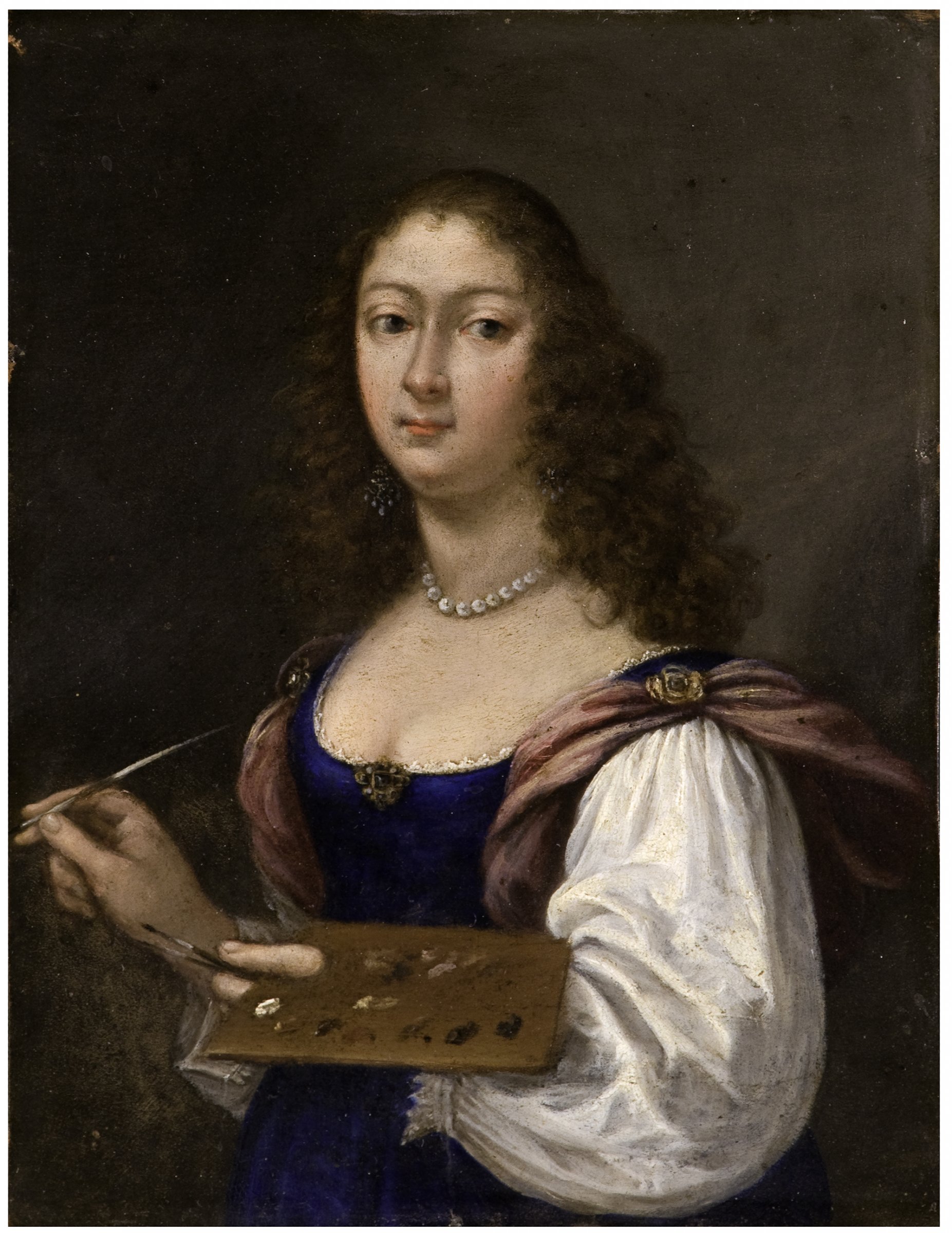A half length portrait of a young woman, Elisabetta Sirani, holding a palate and paintbrush.