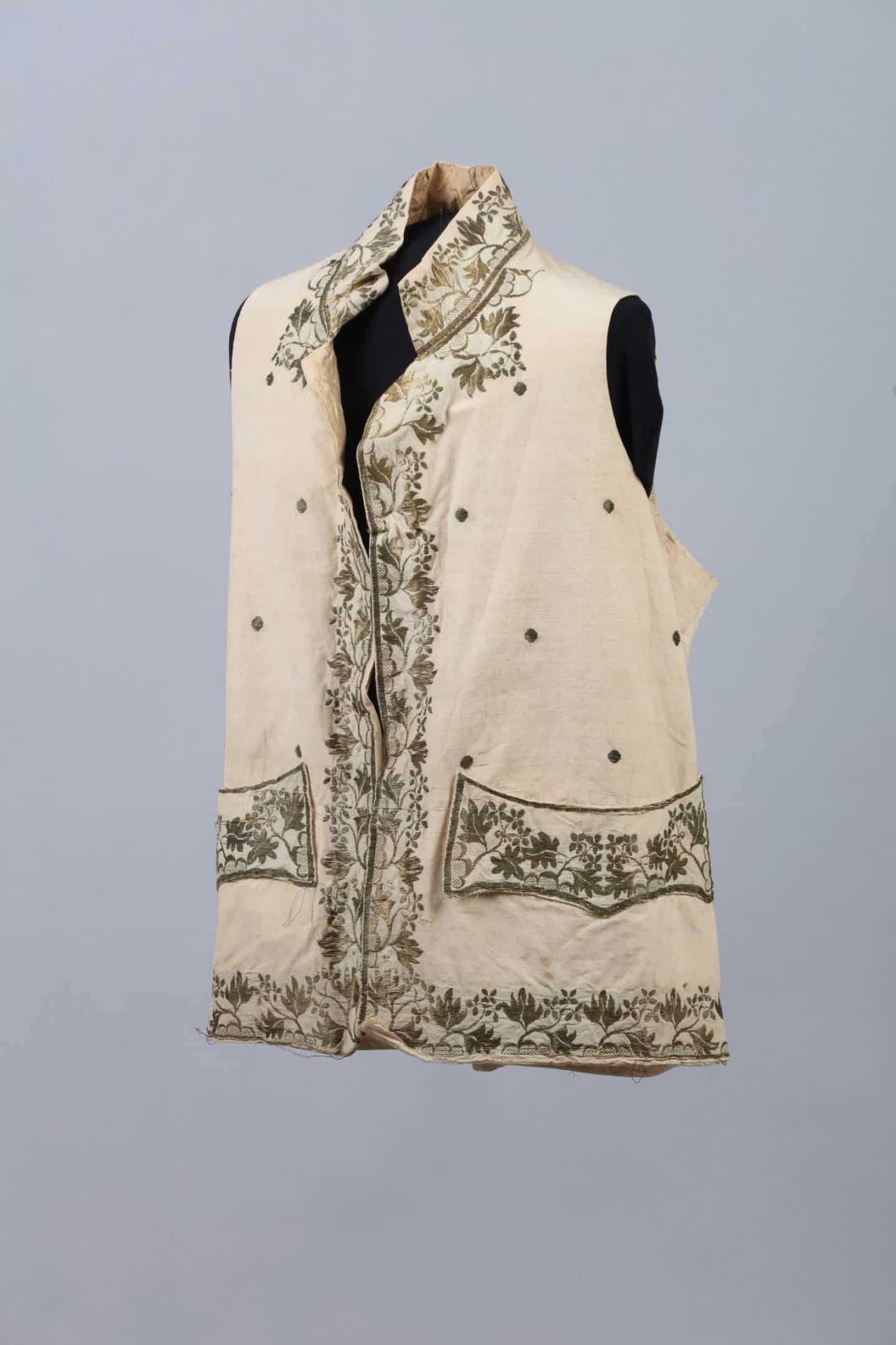 Waistcoat, around 1790–1820, satin, cotton and gold thread. Gift of Margrethe J Birch and Ian H. Birch (Queen’s Science ’37), 1989. Photo: Bernard Clark