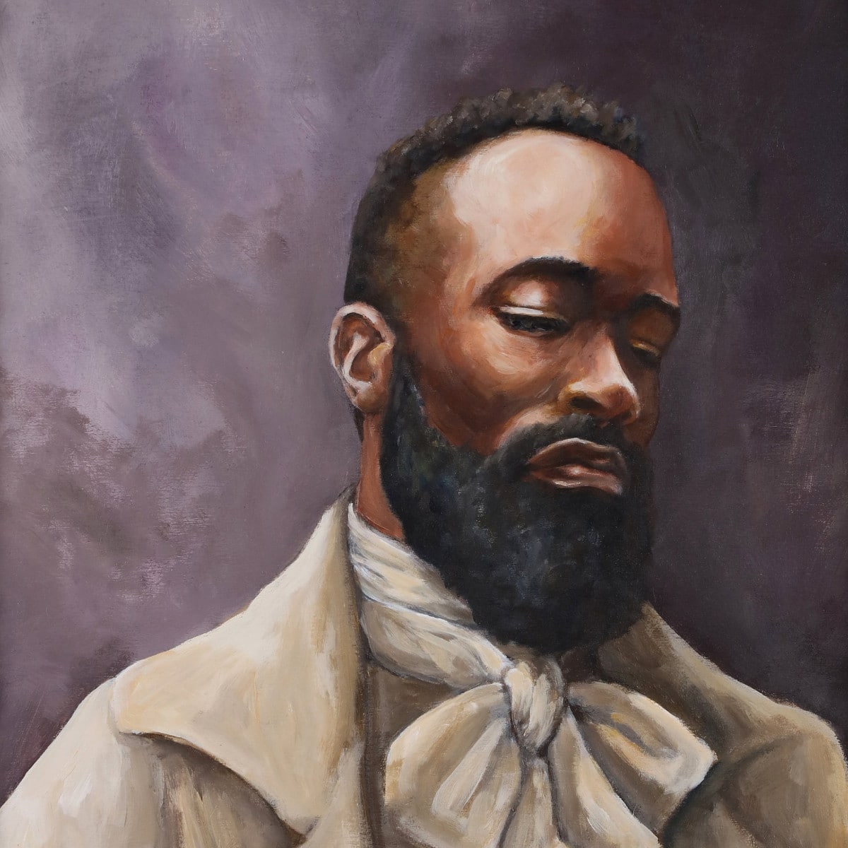 Portrait of a Black man with short hair and a beard. His eyes are closed with a solemn expression on his face. He is wearing a cream coloured day jacket and a shirt with a bow at the neck-line. The garments are as if they were out of the nineteenth century.