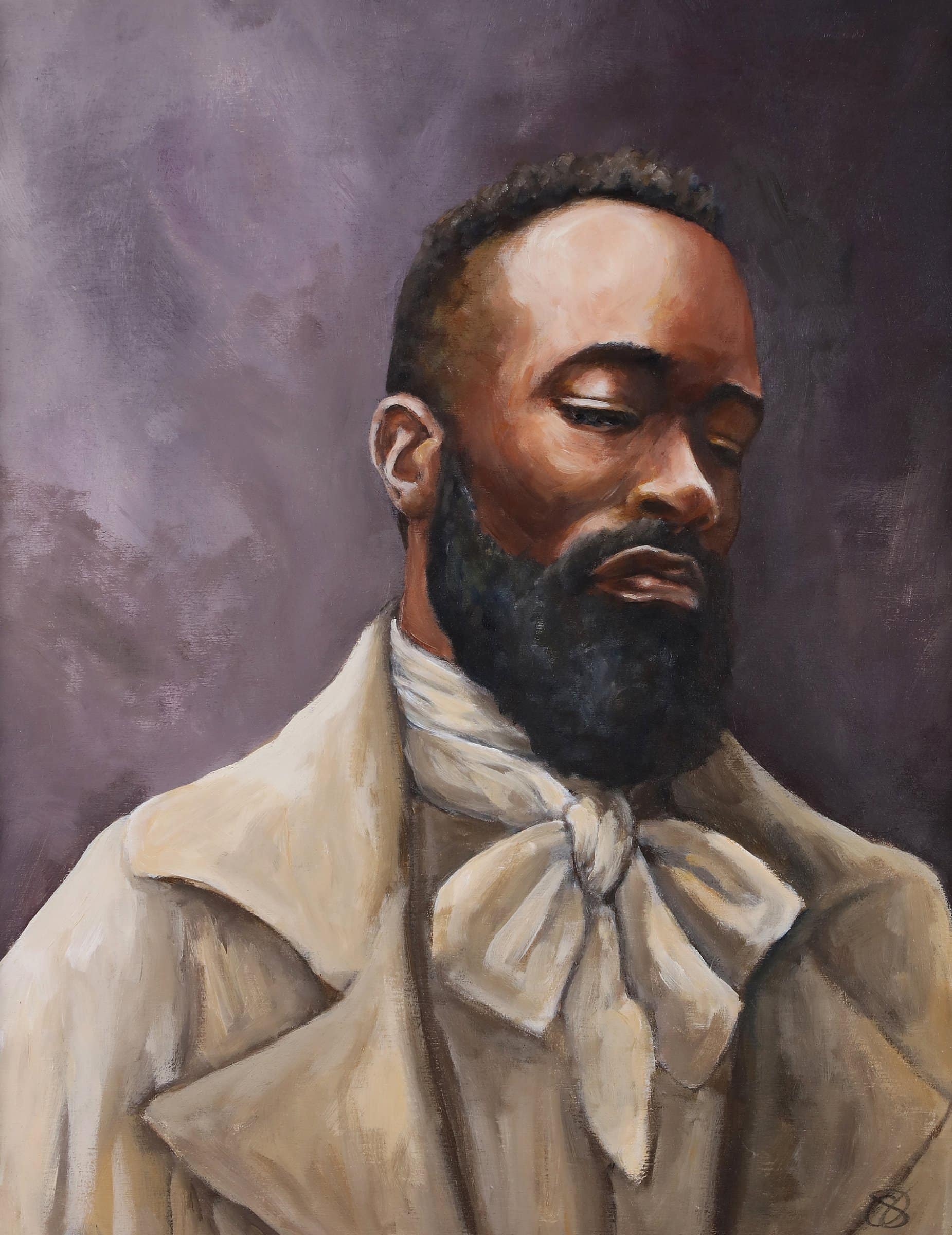 Portrait of a Black man with short hair and a beard. His eyes are closed with a solemn expression on his face. He is wearing a cream coloured day jacket and a shirt with a bow at the neck-line. The garments are as if they were out of the nineteenth century.